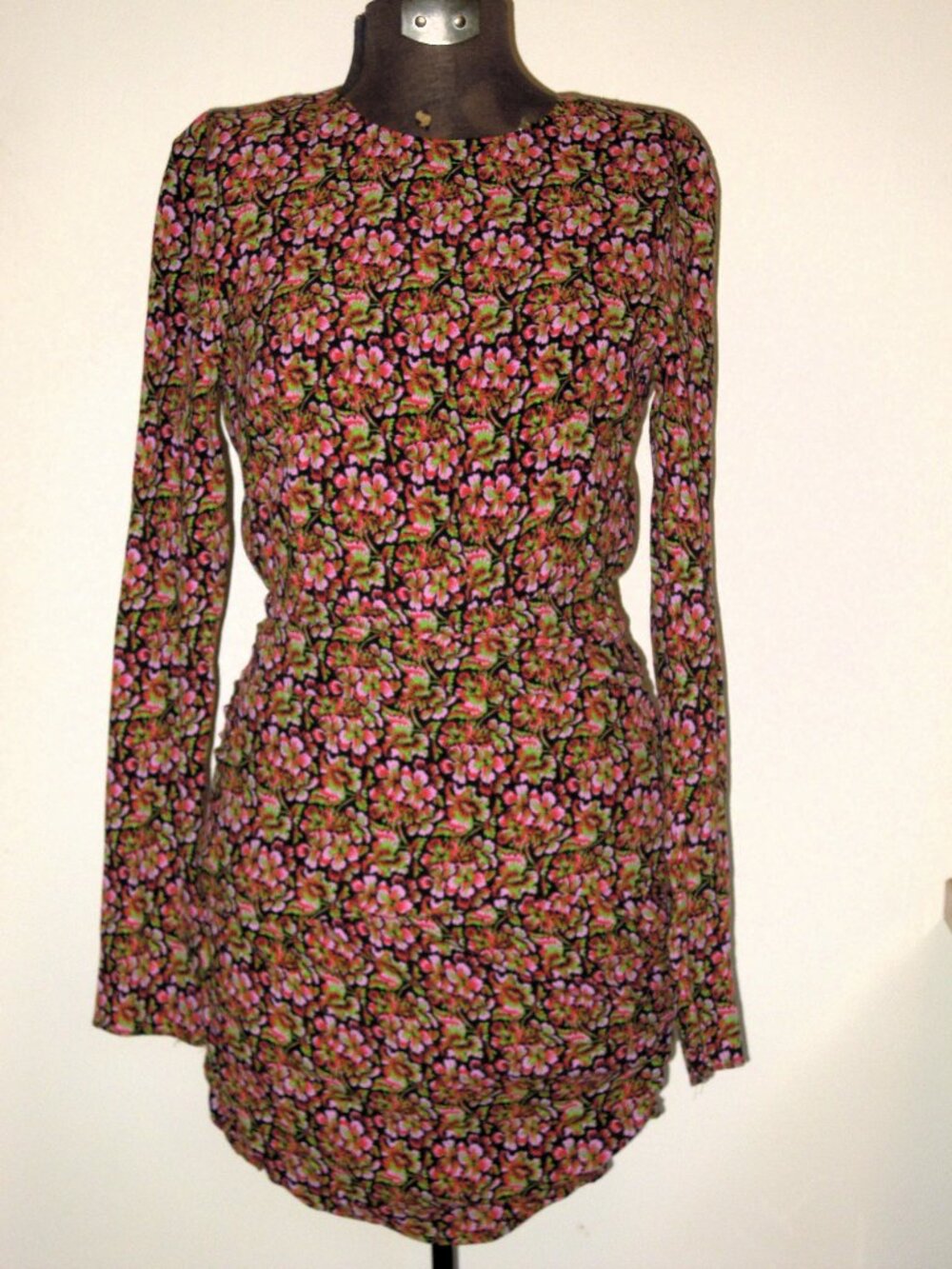 Zara floral backless long sleeve ruched mini dress Sz XS Green Pink Red Black NE